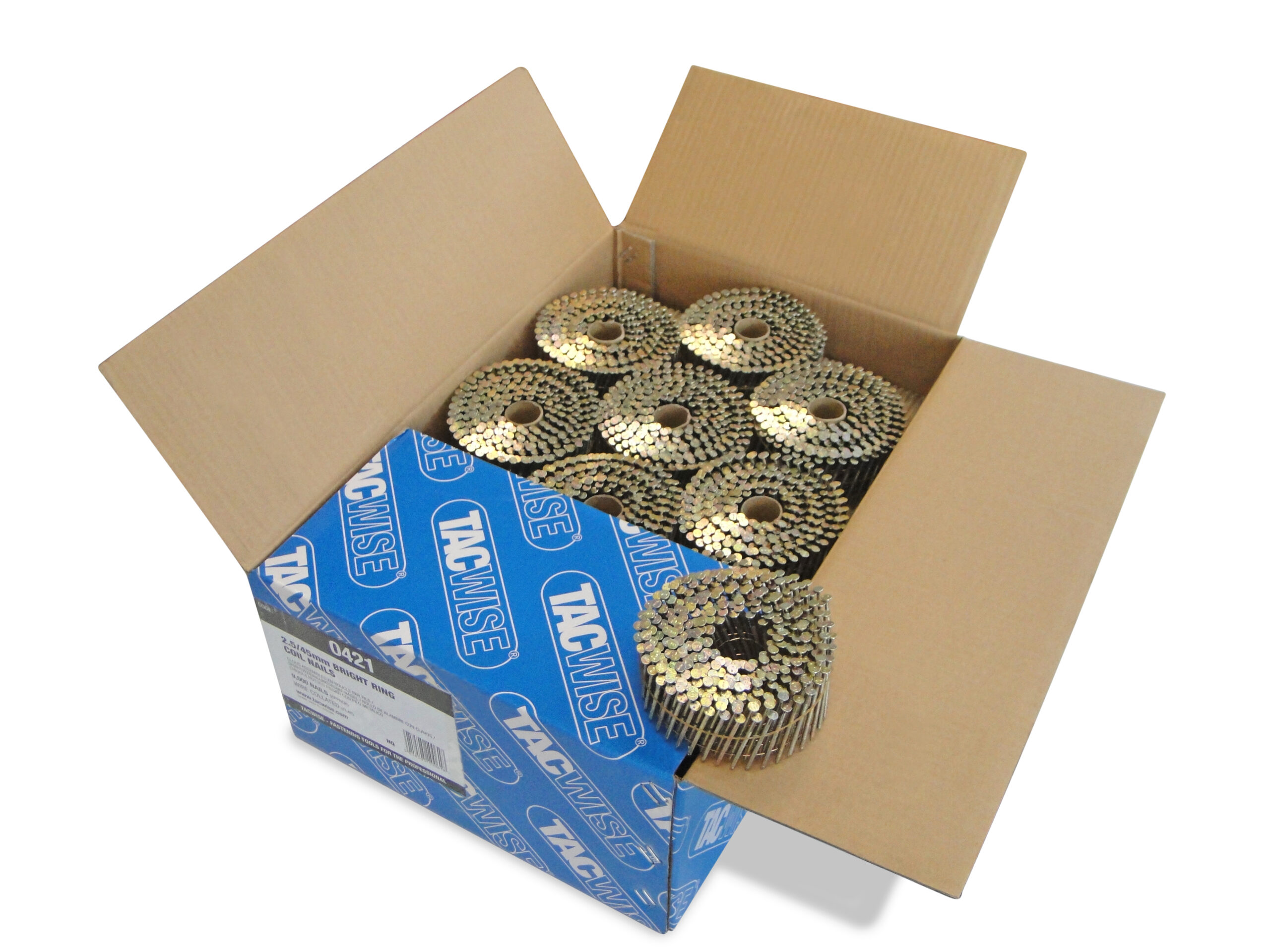 Type 2.5/45 mm Bright Flat Top Coil Nails, Diamond Point, Ring Shank, 16° Inclined, Wire Collated, Pack of 9000
