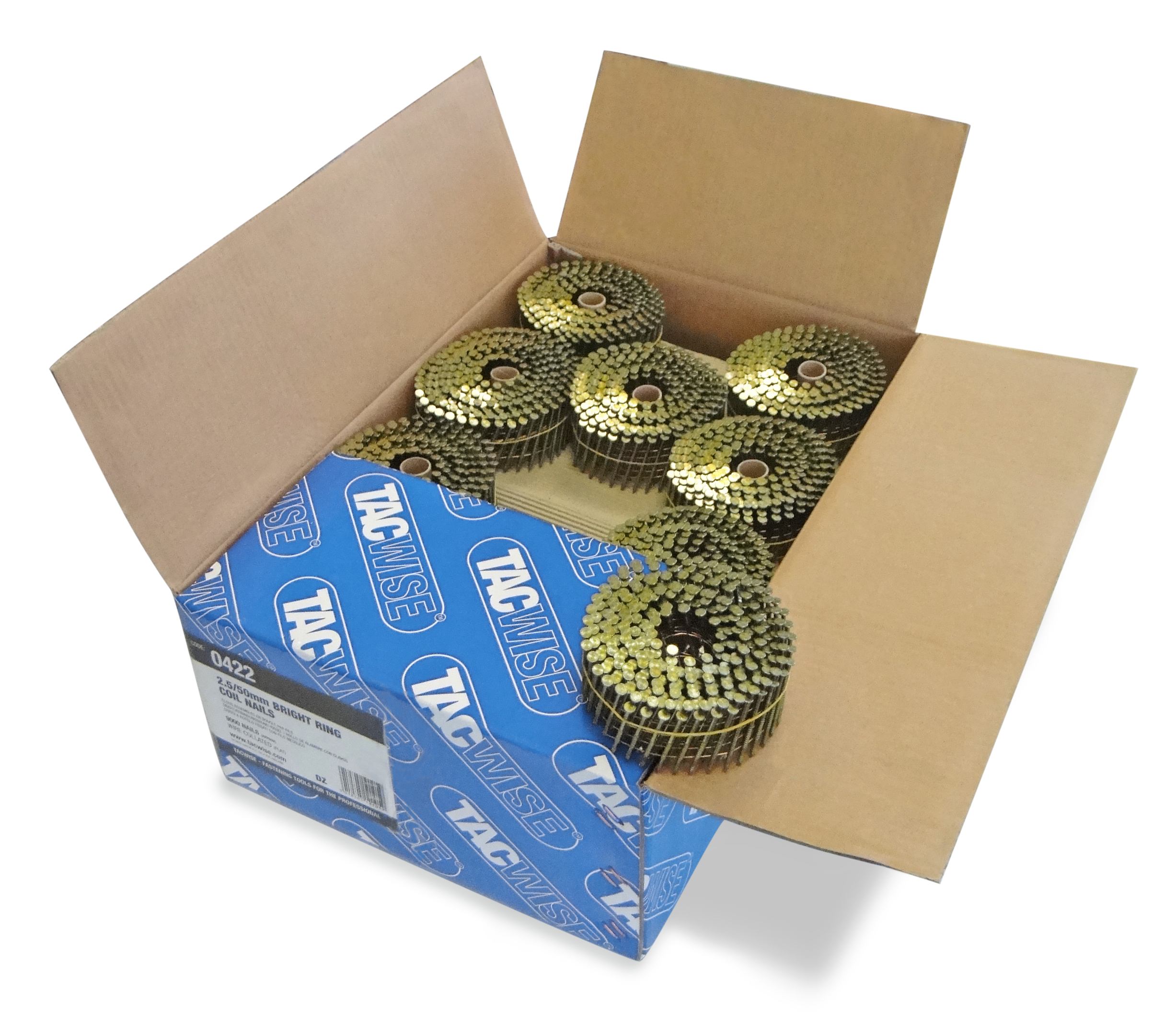 Type 2.5/50mm Bright Flat Top Coil Nails, Diamond Point, Ring Shank, 16° Inclined, Wire Collated, Pack of 9000