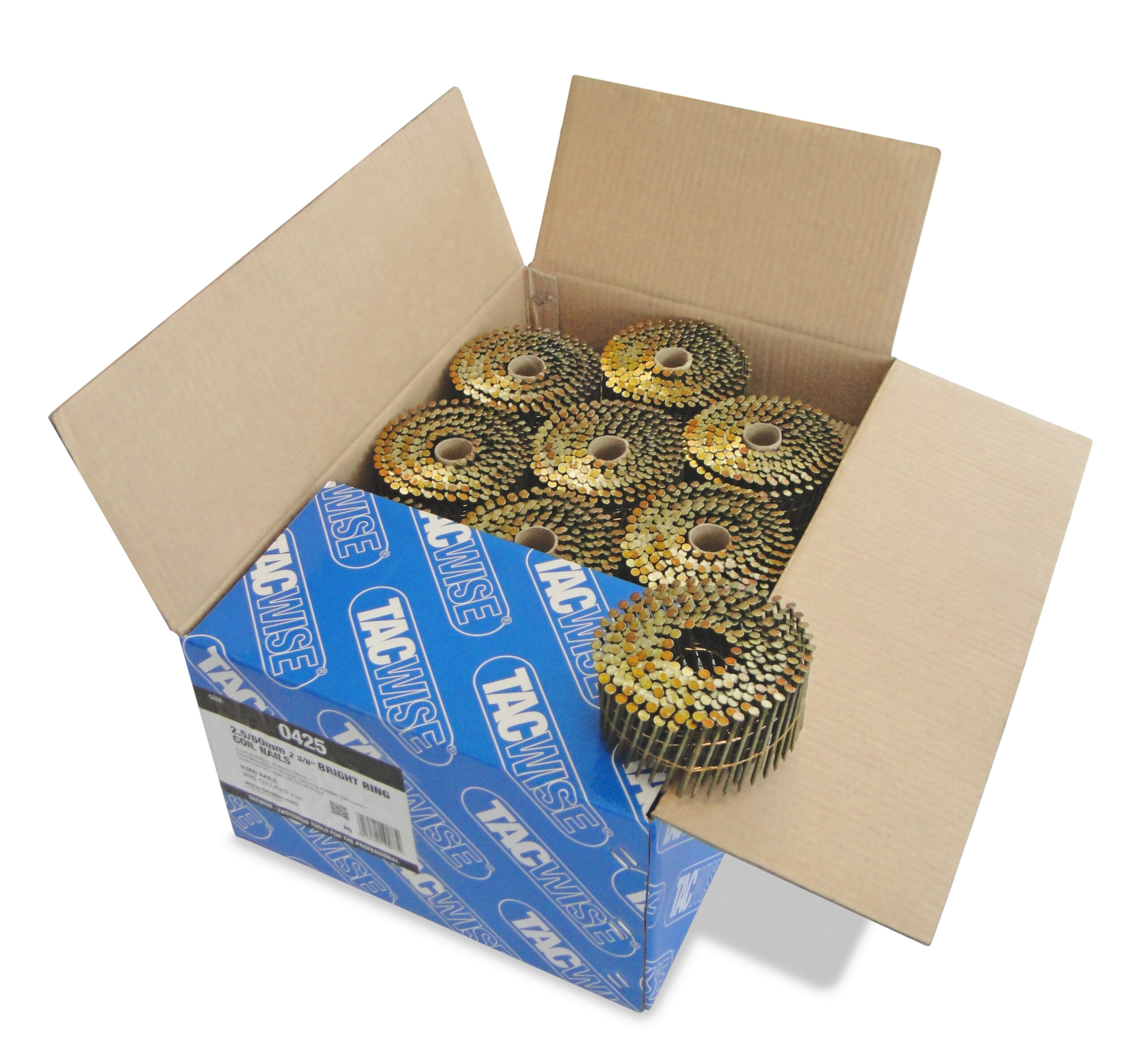 Type 2.5/60mm Bright Flat Top Coil Nails, Diamond Point, Ring Shank, 16° Inclined, Wire Collated, Pack of 9000