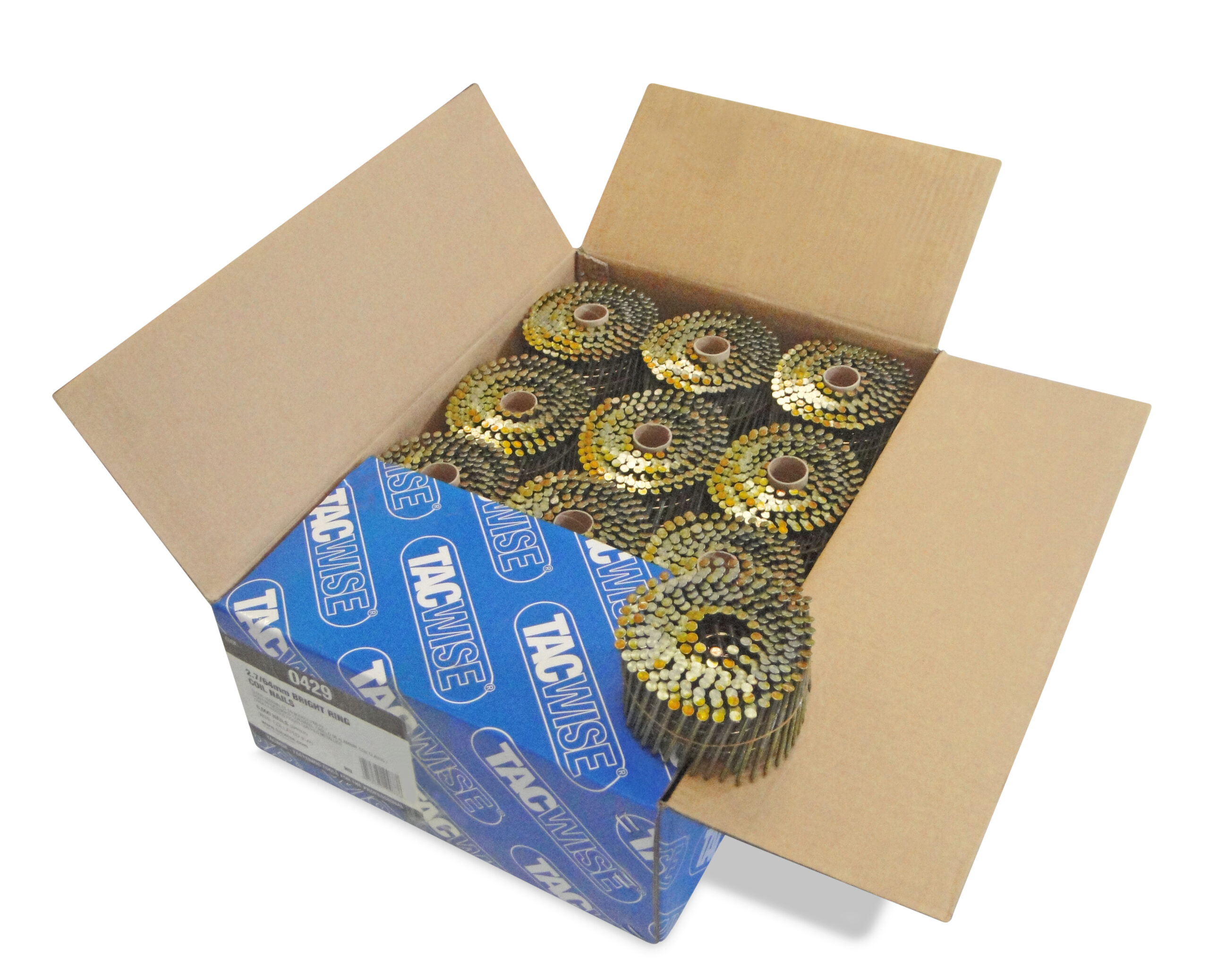 Type 2.7/64mm Bright Flat Top Coil Nails, Diamond Point, Ring Shank, 16° Inclined, Wire Collated, Pack of 6000