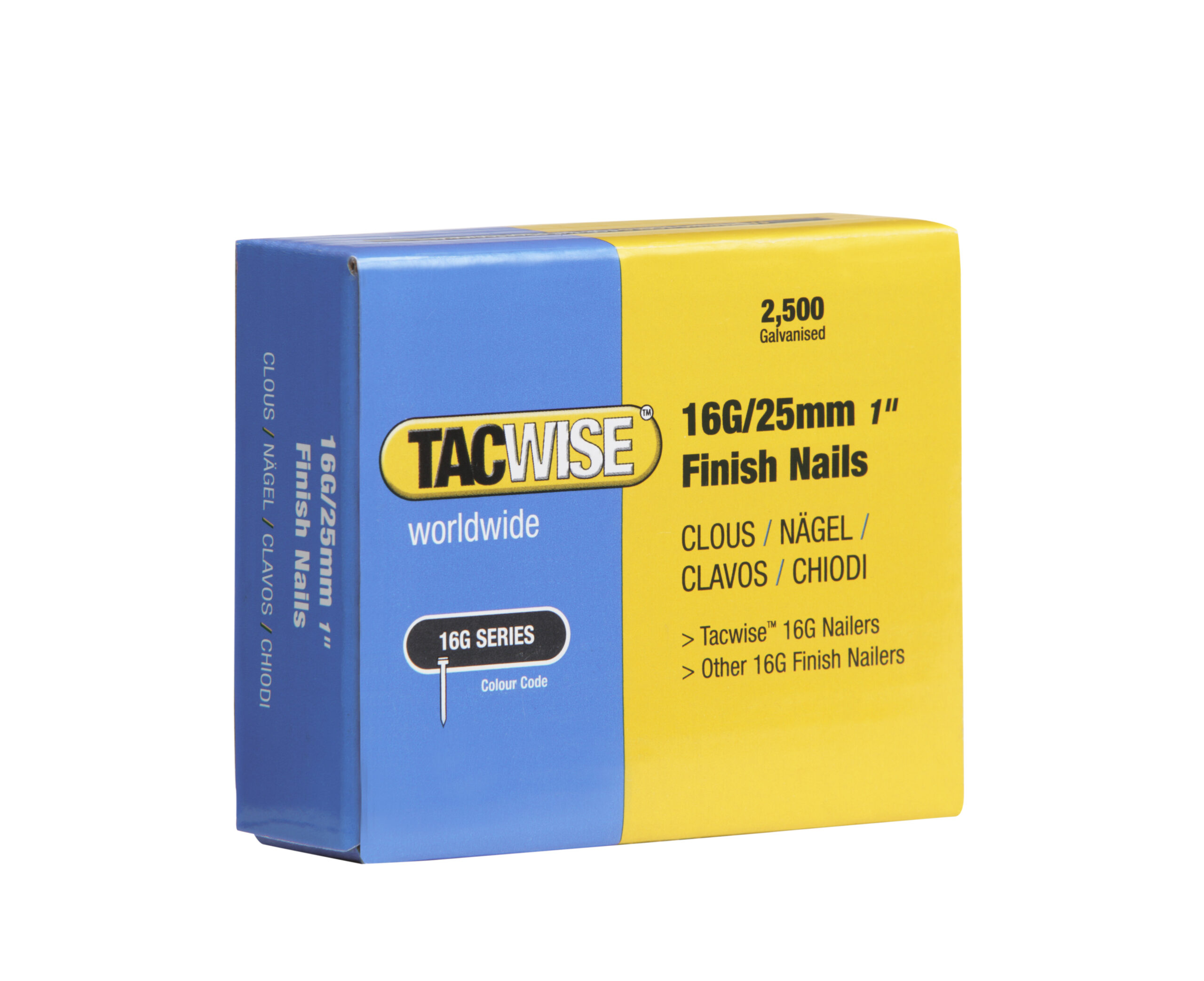 Type 16G/25mm Galvanised Finish Nails, Pack of 2500