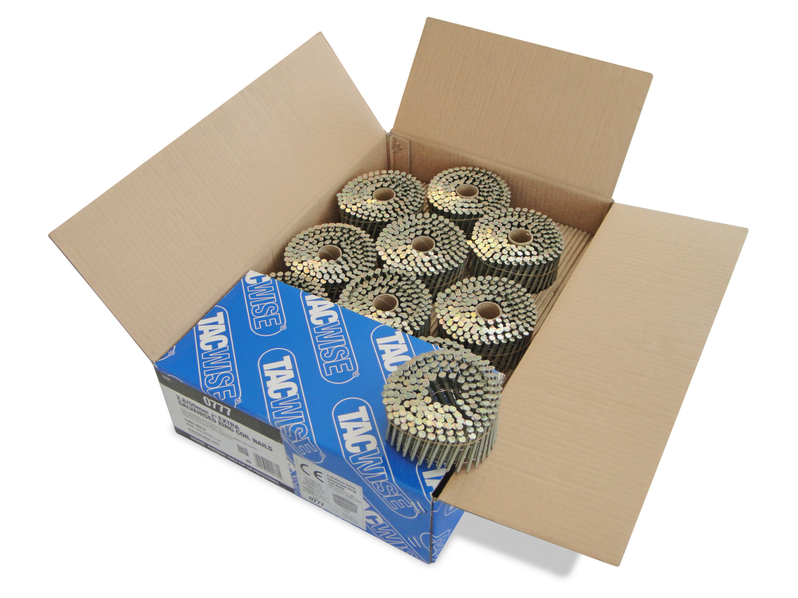 Type 2.8/50mm Extra Galvanised Flat Top Coil Nails, Diamond Point, Ring Shank, 16° Inclined, Wire Collated, Pack of 4000