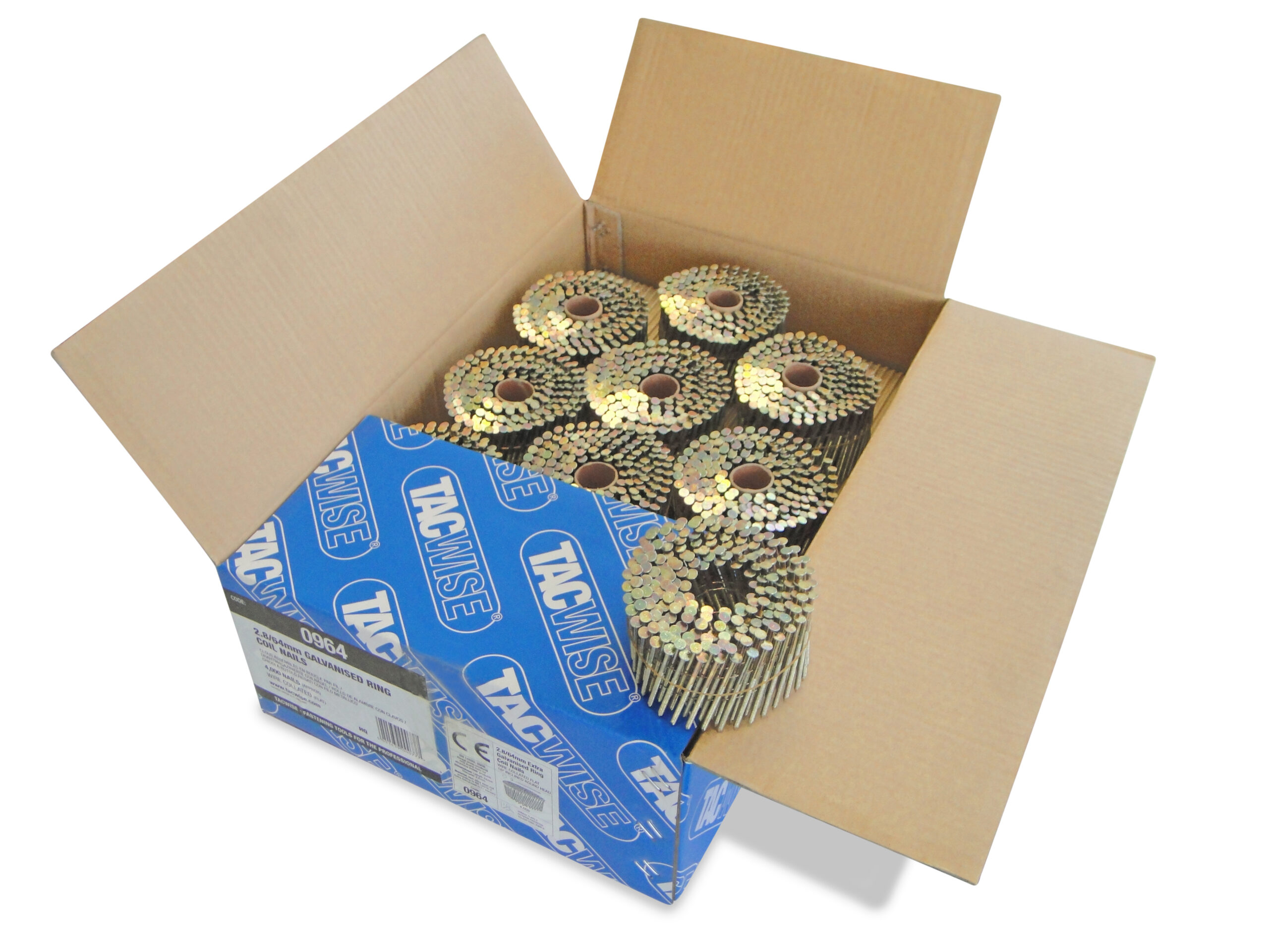 Type 2.8/64 mm Extra Galvanised Flat Top Coil Nails, Diamond Point, Ring Shank, 16° Inclined, Wire Collated, Pack of 4000