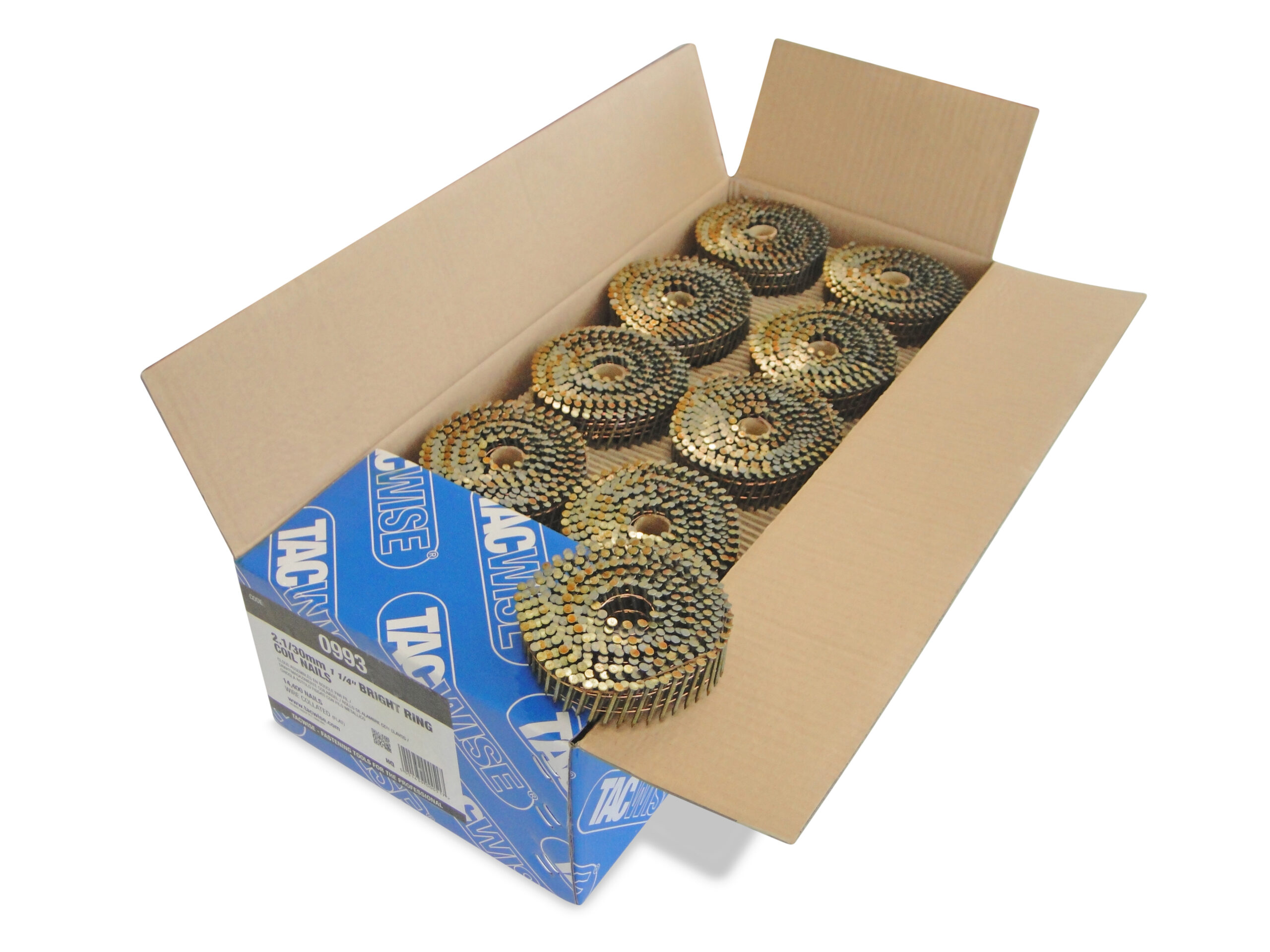 Type 2.1/30mm Bright Flat Top Coil Nails, Diamond Point, Ring Shank, 16° Inclined, Wire Collated, Pack of 14,400