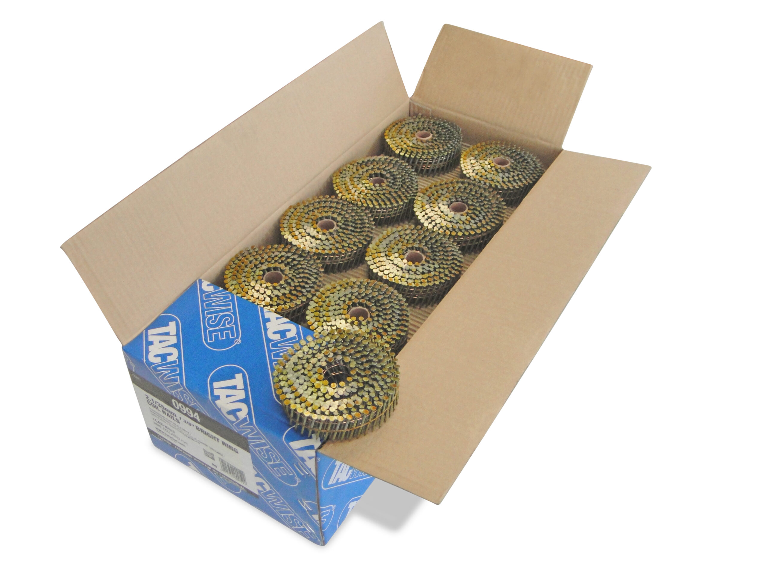 Type 2.1/35mm Bright Flat Top Coil Nails, Diamond Point, Ring Shank, 16° Inclined, Wire Collated, Pack of 14,400