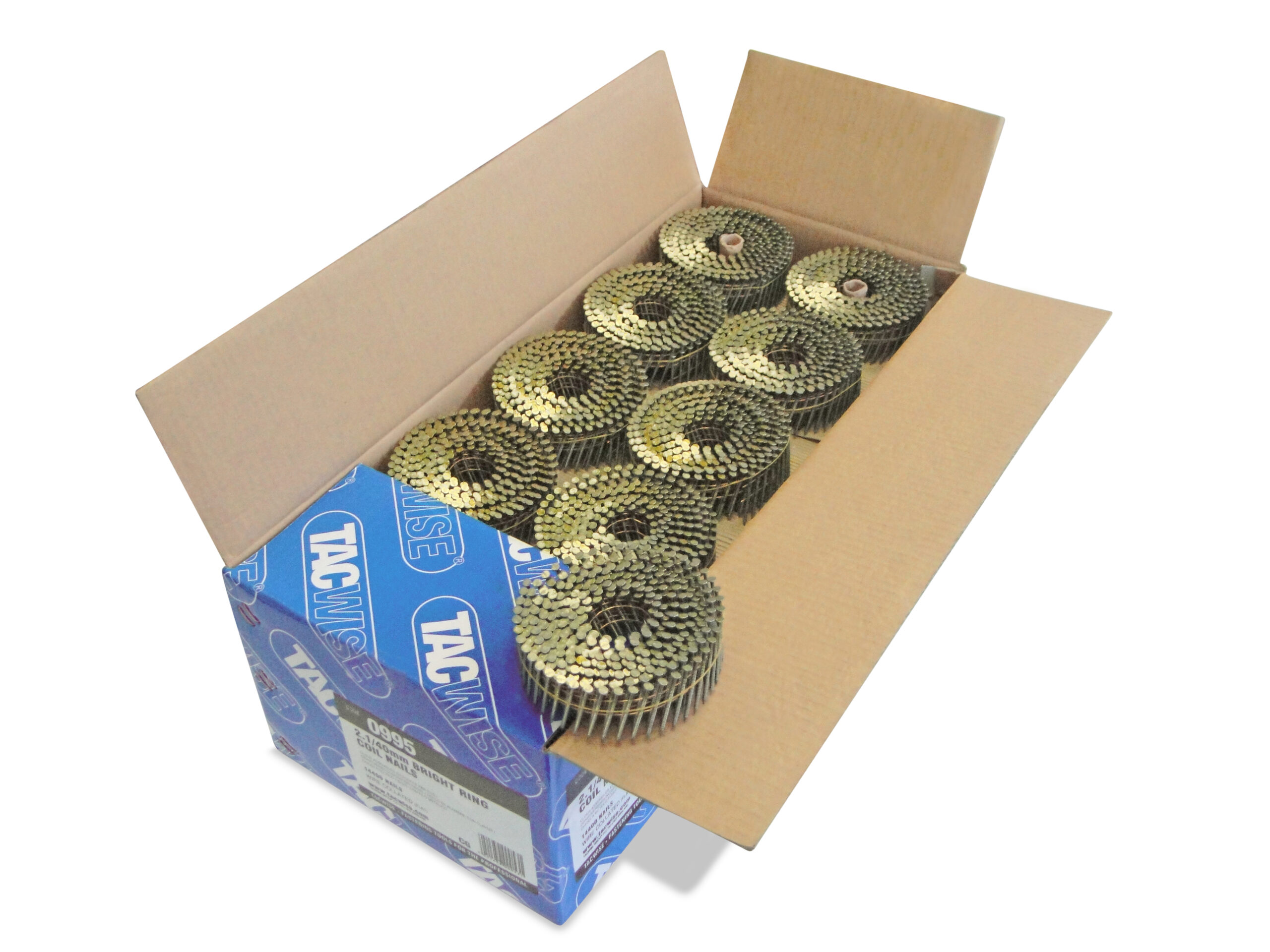 Type 2.1/40mm Bright Flat Top Coil Nails, Diamond Point, Ring Shank, 16° Inclined, Wire Collated, Pack of 14,400