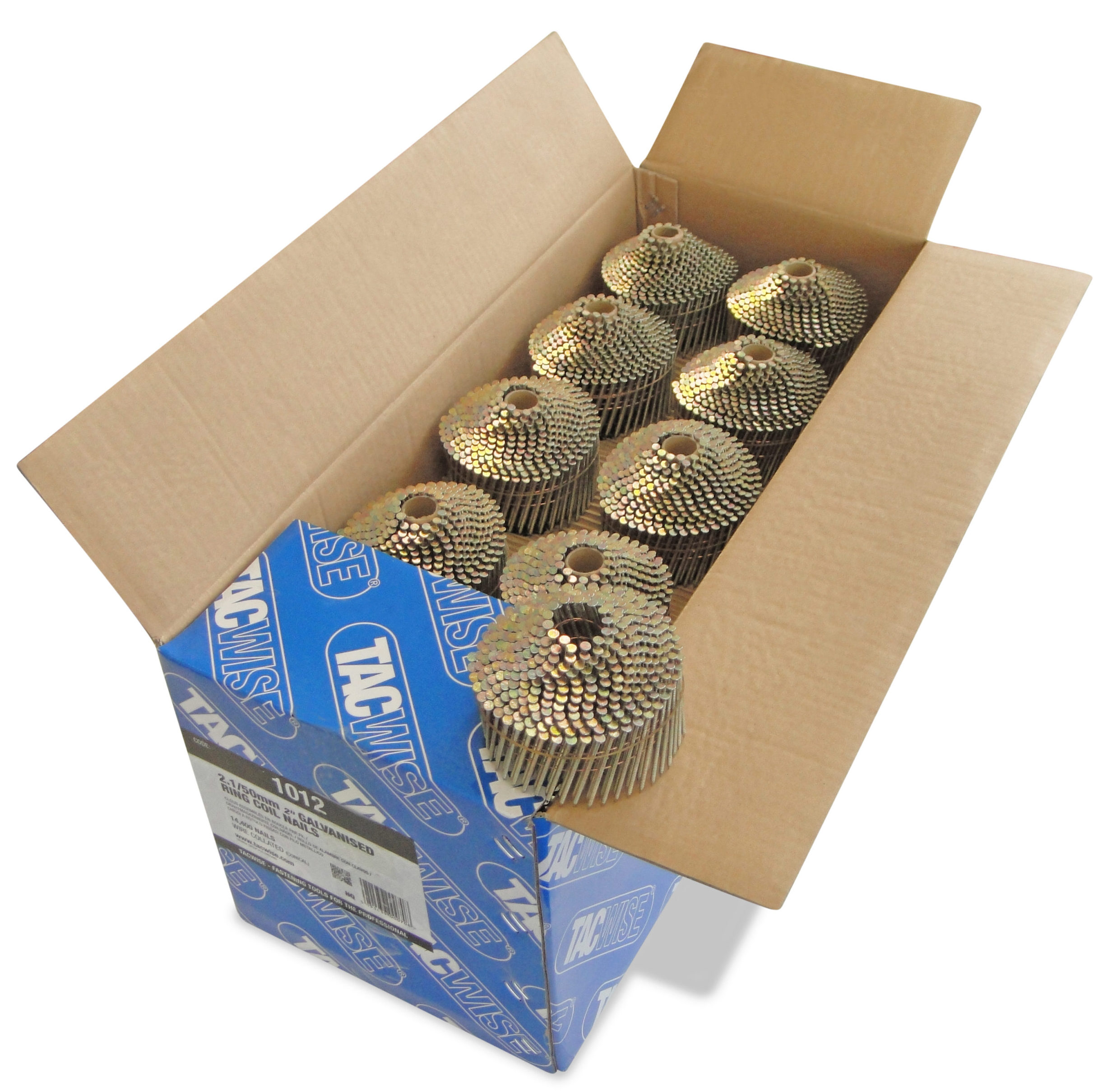 Type 2.1/50mm Galvanised Conical Top Coil Nails, Ring Shank, 16° Inclined, Wire Collated, Pack of 14,400