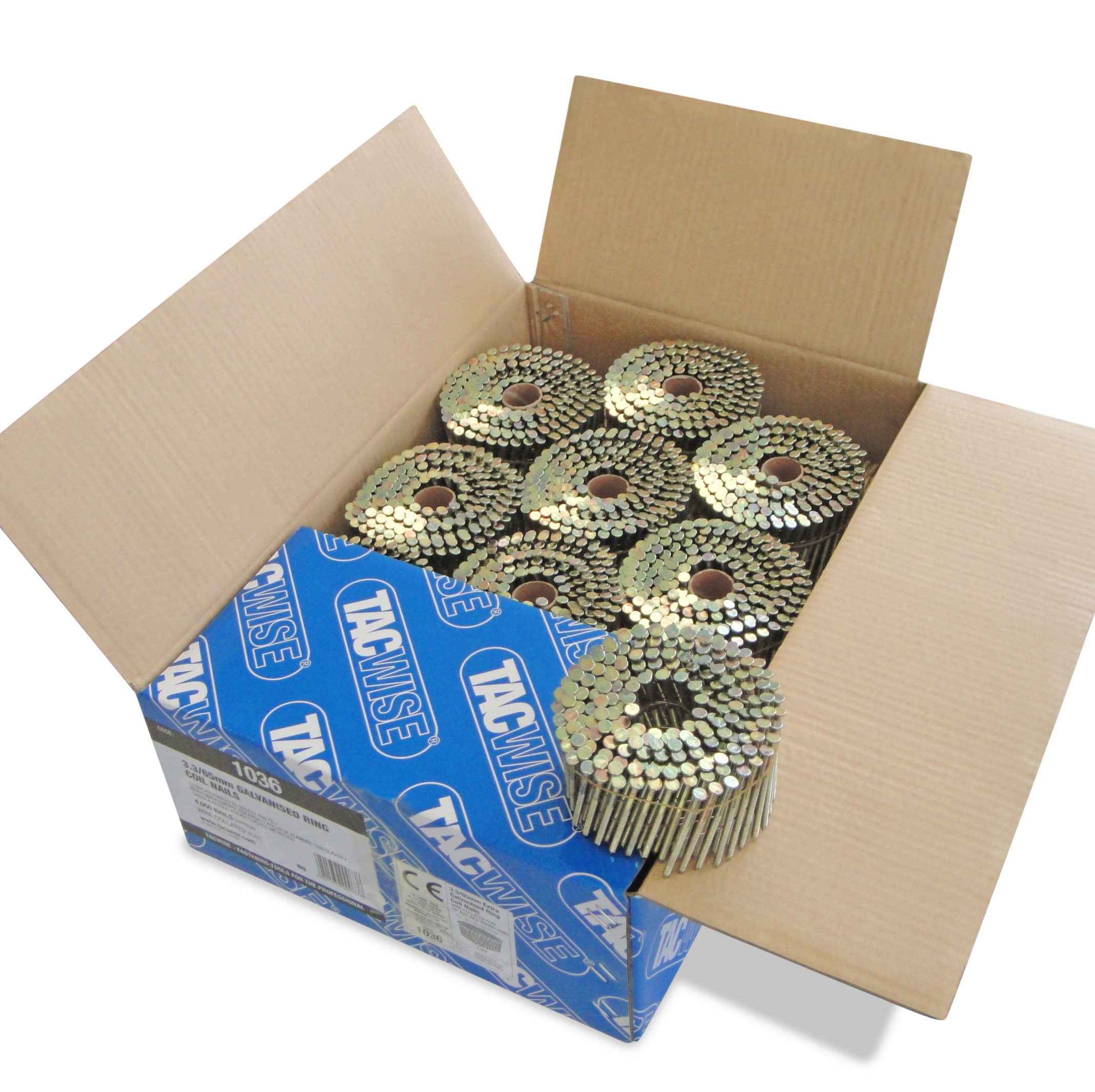 Type 3.3/65mm Extra Galvanised Flat Top Coil Nails, Diamond Point, Ring Shank, 16° Inclined, Wire Collated, Pack of 4000