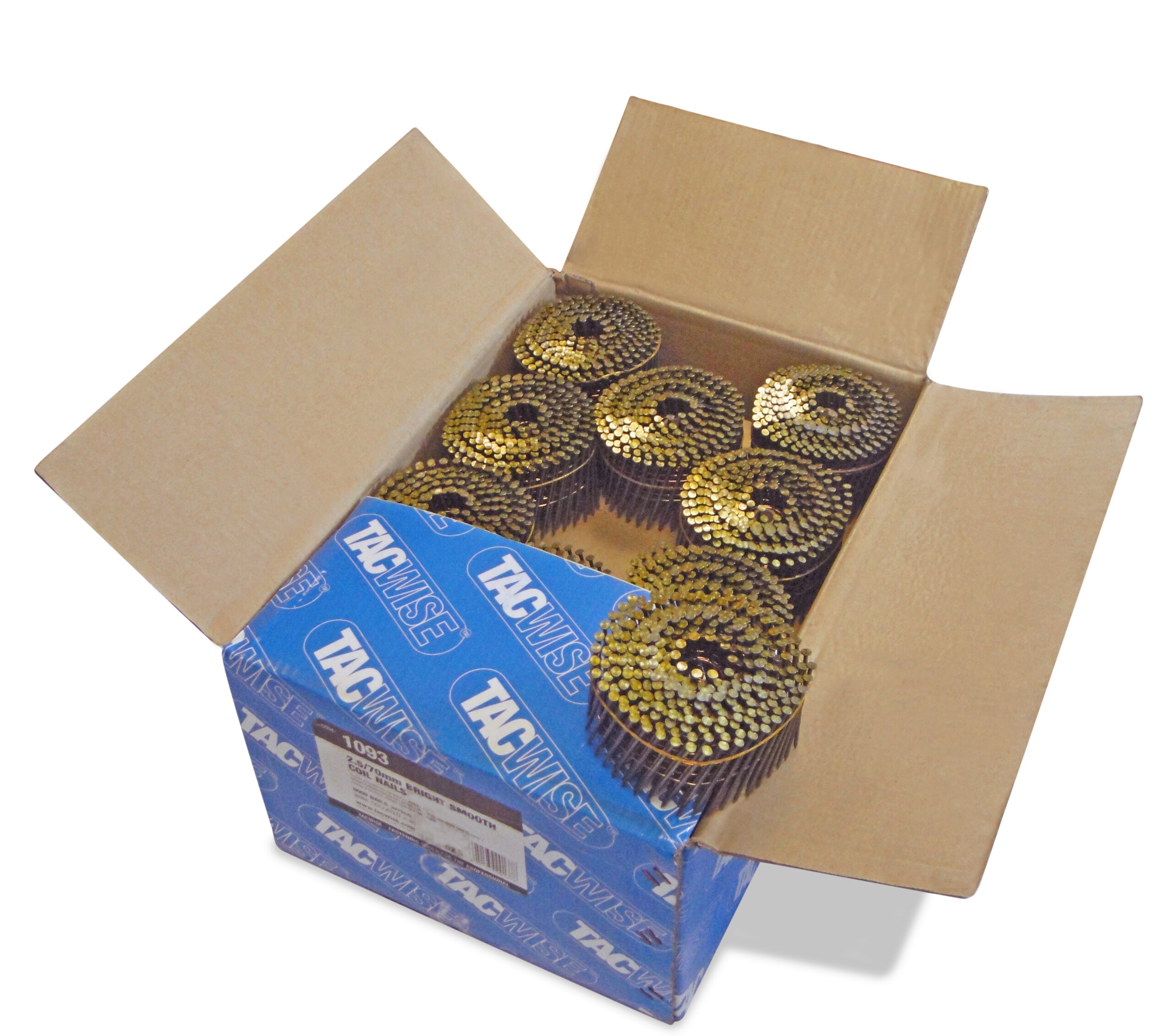 Type 2.5/70mm Bright Flat Top Coil Nails, Diamond Point, Smooth Shank, 16° Inclined, Wire Collated, Pack of 9000