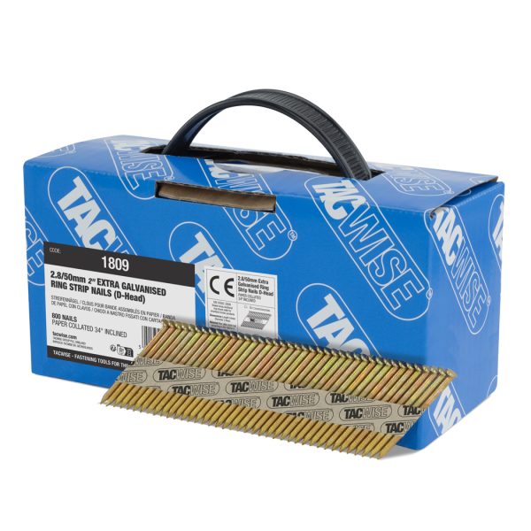 Type 2.8 / 50 mm Extra Galvanised Framing Nails, D Head, Ring Shank, 34° Inclined, Paper Collated, Pack of 800
