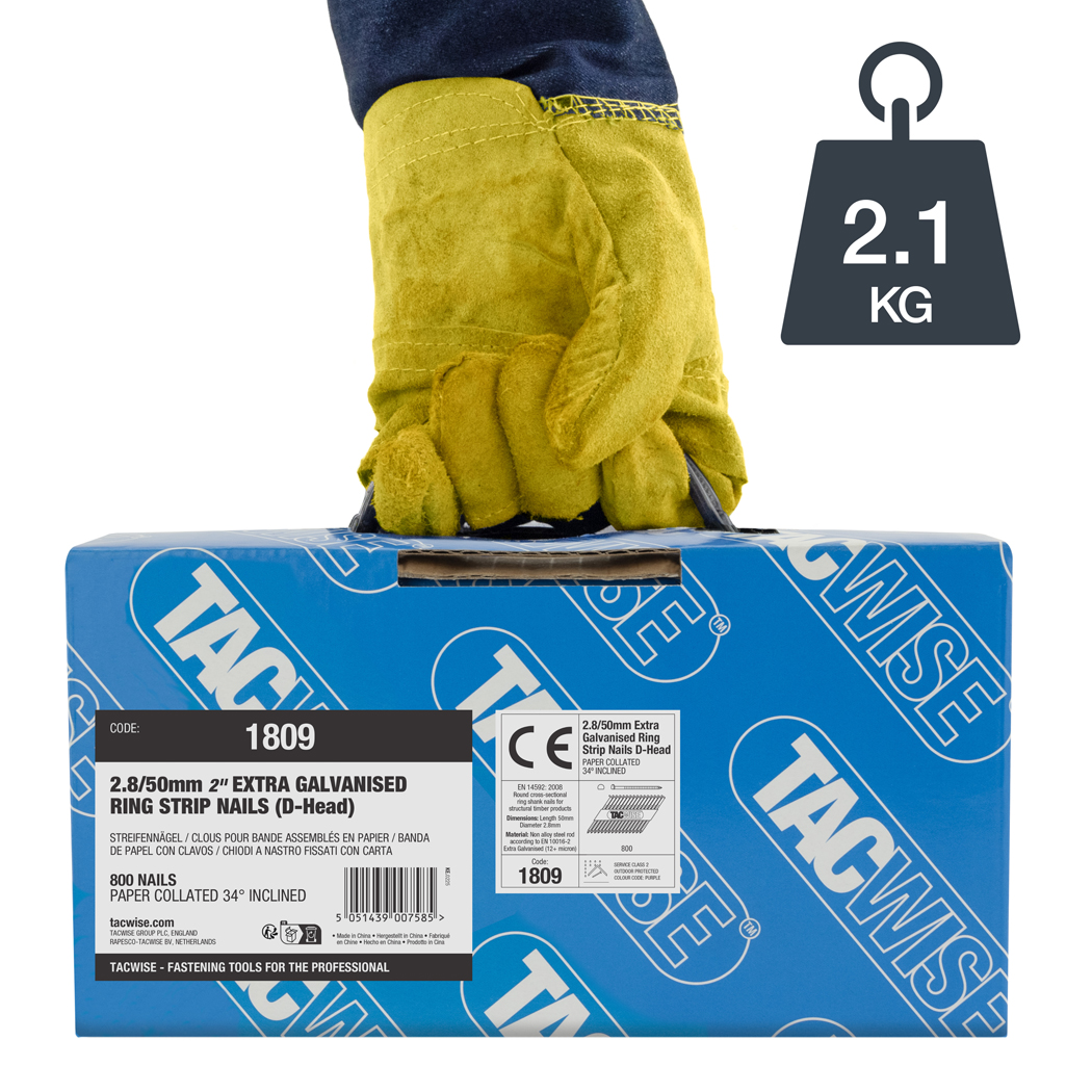 Type 2.8 / 50 mm Extra Galvanised Framing Nails, D Head, Ring Shank, 34° Inclined, Paper Collated, Pack of 800 – Image 5